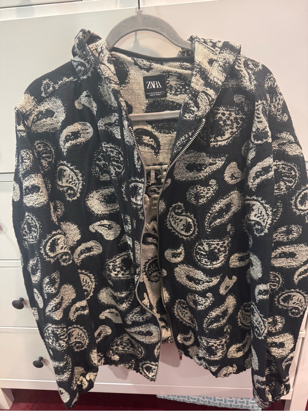 Zara Black and Cream Paisley Knit Jacket with Hood